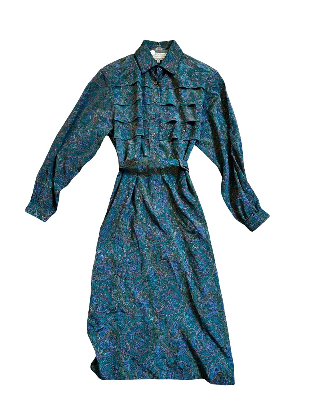 Vintage Schroder Sport Paisley Ruffle Blue Teal Belted Midi Dress Size 10P - Picture 4 of 6
